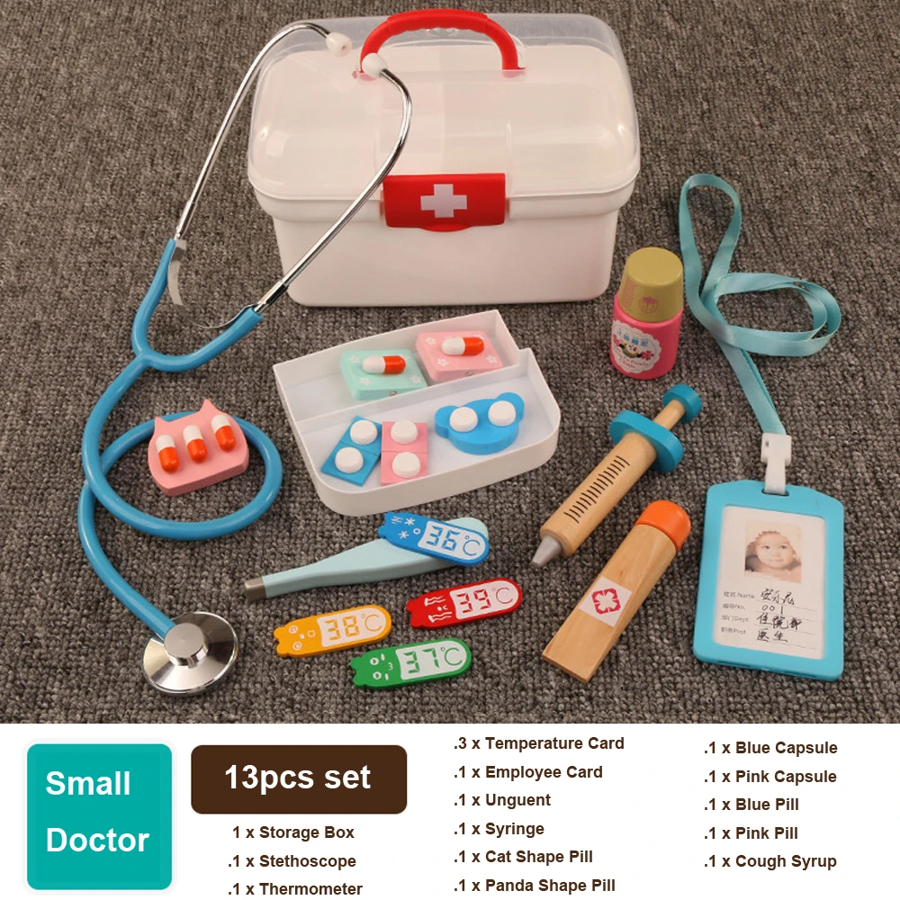 

Children Pretend Play Doctor Nurse Toy Set Simulation Wooden Medical Kit Portable Plastic Medicine Box Doctor Toys for Chilren