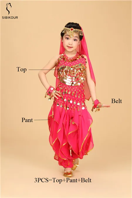 Rose Red 3pcs Kids Belly Dance Costume Bollywood Oriental Bellydance Dress Set Indian Egyptian Egypt Suit Pants Top Dancing Clothes Girls New - Цвет: Rose Red 3pcs