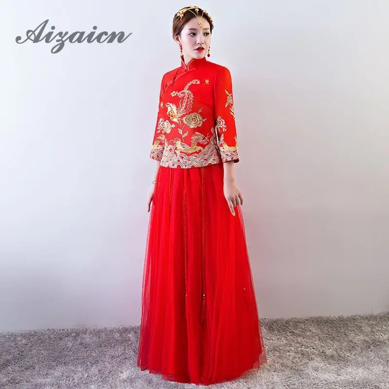 Красный дракон феникс длинный Cheongsam Современная Невеста женится винтажное платье Qi Pao женское традиционное китайское свадебное платье халат Ципао