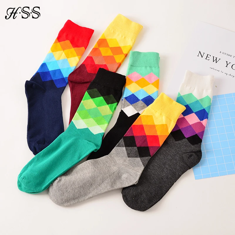 

HSS Brand Fashion Mens Socks Colorful Diamond Sock For Man Casual Male Happy Sock (Suitable 39-45)5pairs/lot Free Shipping