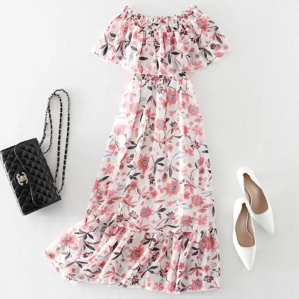 Платье женское длинное шифоновое с цветочным принтом пикантное пляжное в