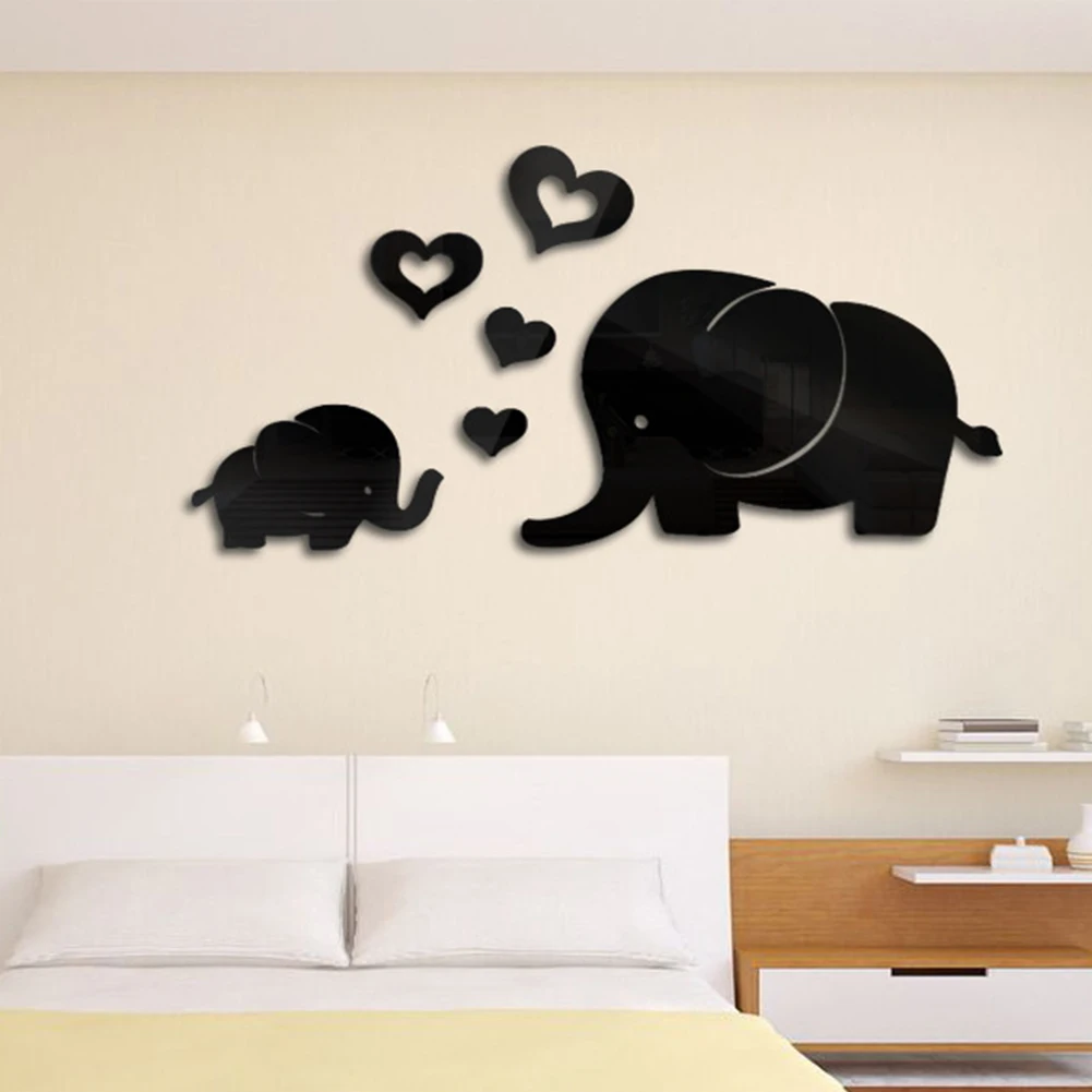 60*45cm New 3d Acrylic Decoration Love Small Elephant and heart Mirror Paste | Дом и сад