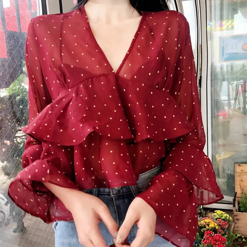 red shirt Neploe, новинка, шифоновая женская блузка с длинным рукавом, v-образный вырез, оборки, сексуальная прозрачная блузка, узор в горошек, Солнцезащитная элегантная рубашка 67628 - Цвет: red shirt