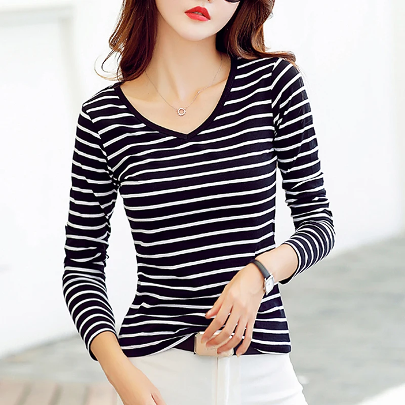 Женская футболка 2020 женская в полоску топ с длинным рукавом и V образным вырезом
