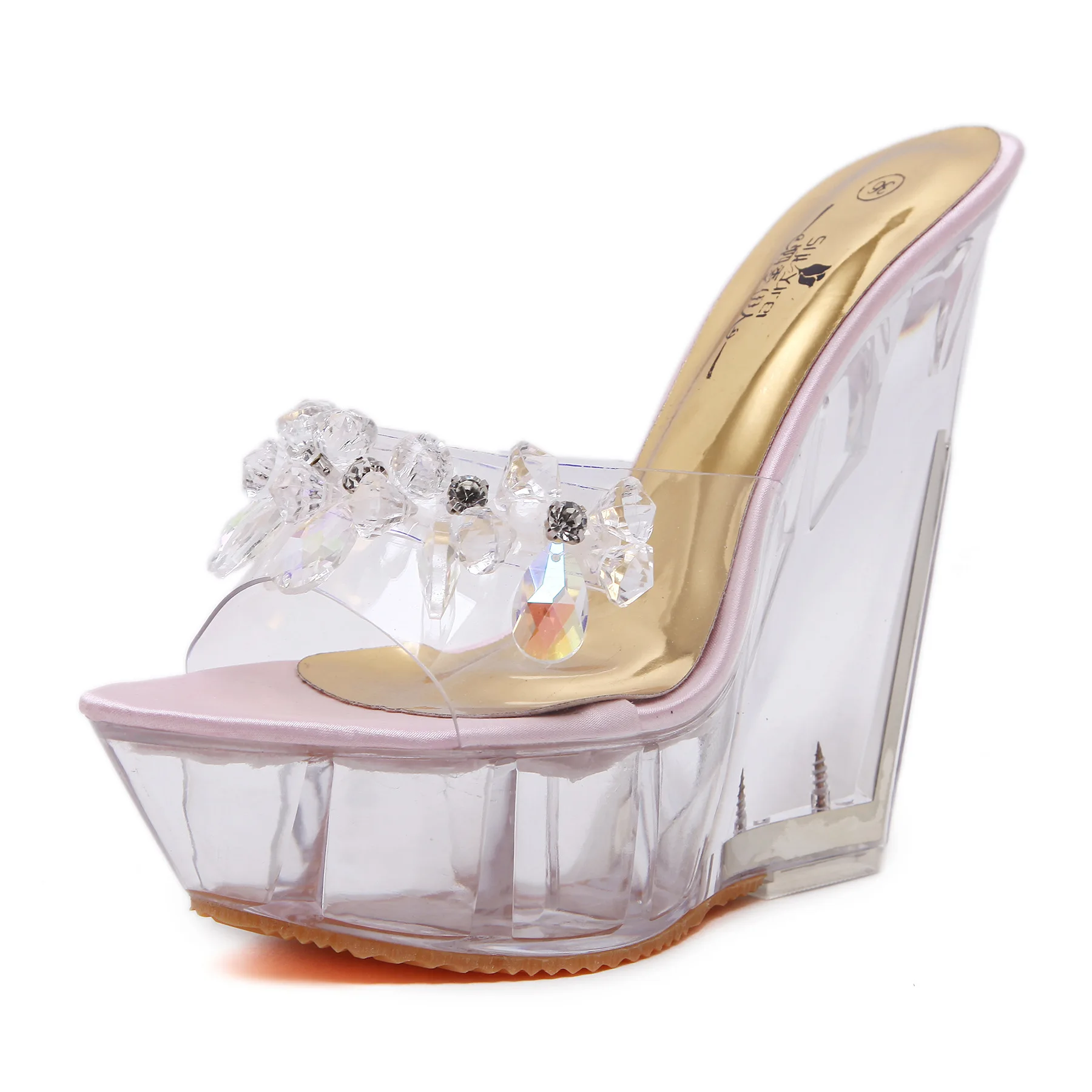 

Women High Heels 14CM Wedding Party Shoes Female Sandalias Women Summer Glass Bead Transparent Platform Wedges Sandals
