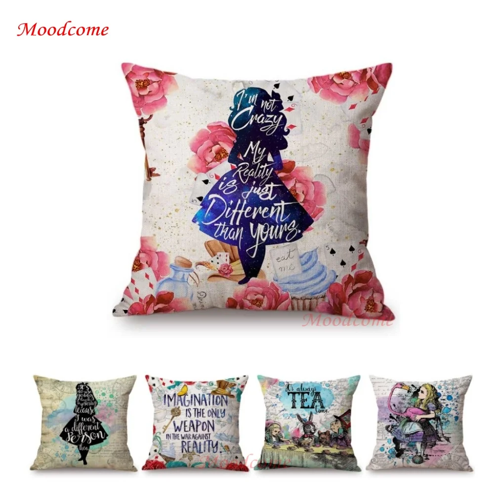 

Floral Alice Wonderland Adventure Letter Print Home Decorative Throw Pillow Case Tea Party Art Linen Kid's Cushion Cover