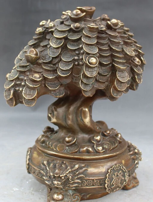 SCY Chinese Bronze Feng Shui Wealth Yuanbao Coins Money Tree Dragon Lion Head Statue R0709 | Дом и сад