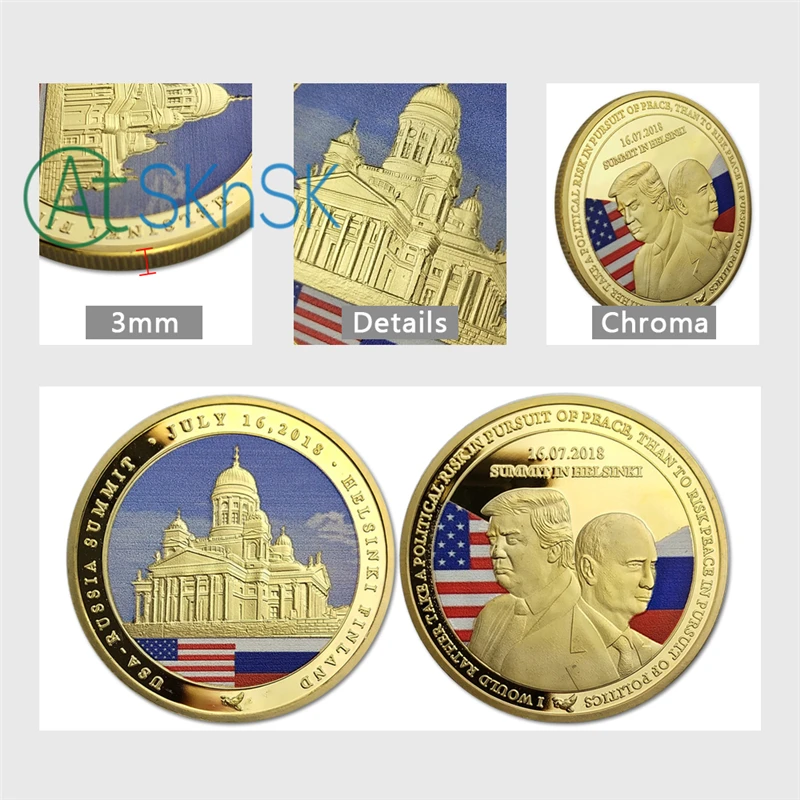

Wholesale 50Pcs 100pcs 2018 Trump Putin Summit in Helsinki Challenge Coin U.S. and Russia Leader Gold Plated Souvenir Coins