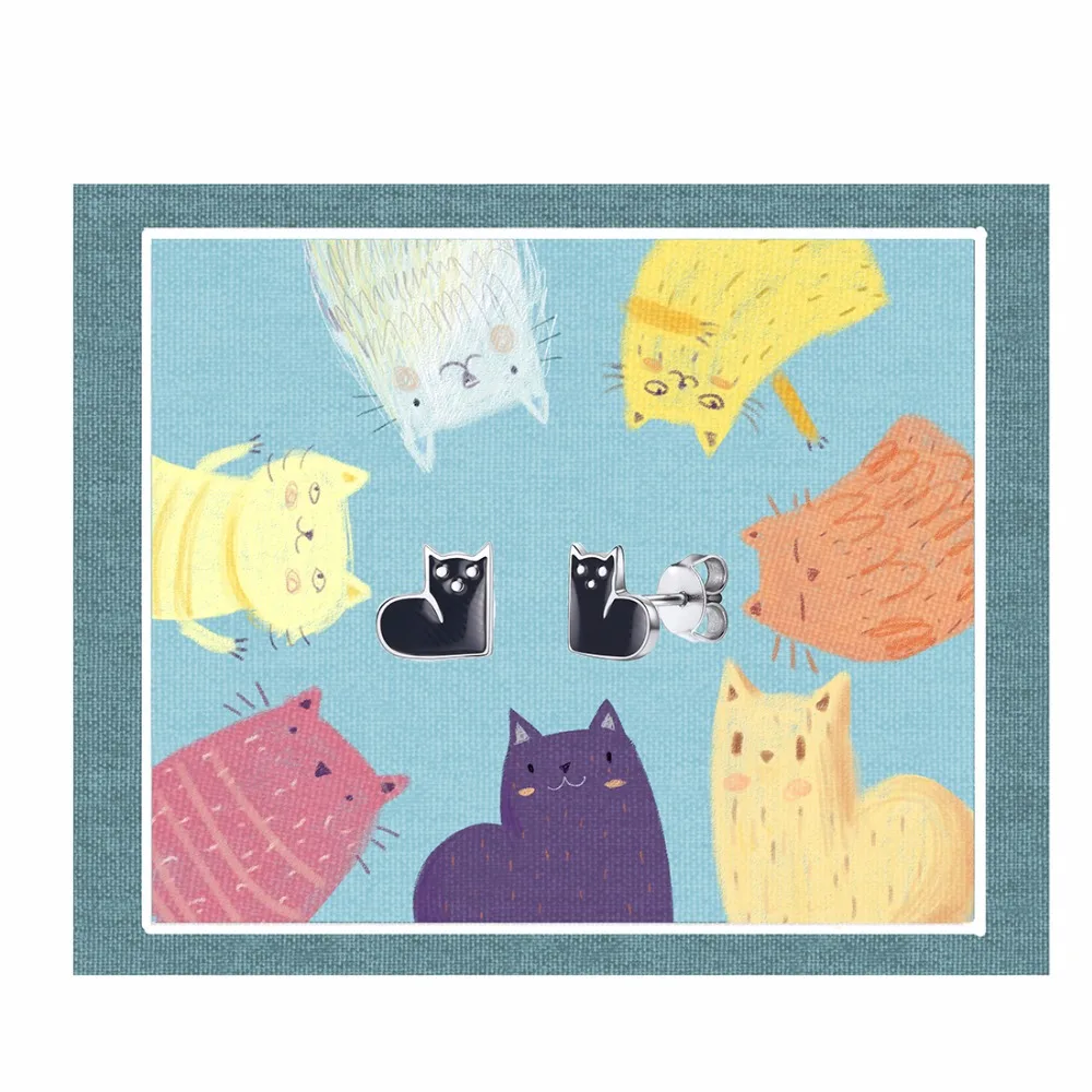 SILVERCUTE черные эмалированные серьги-гвоздики для кошек женщин девочек ювелирные