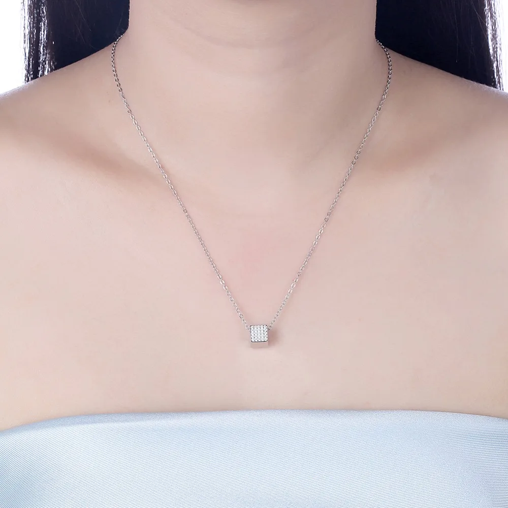 Exquisite Silver Cubic Zircon Cube Pendant Necklace Women 925 Sterling Rhinestone Square Drop for Lady Love Gift |