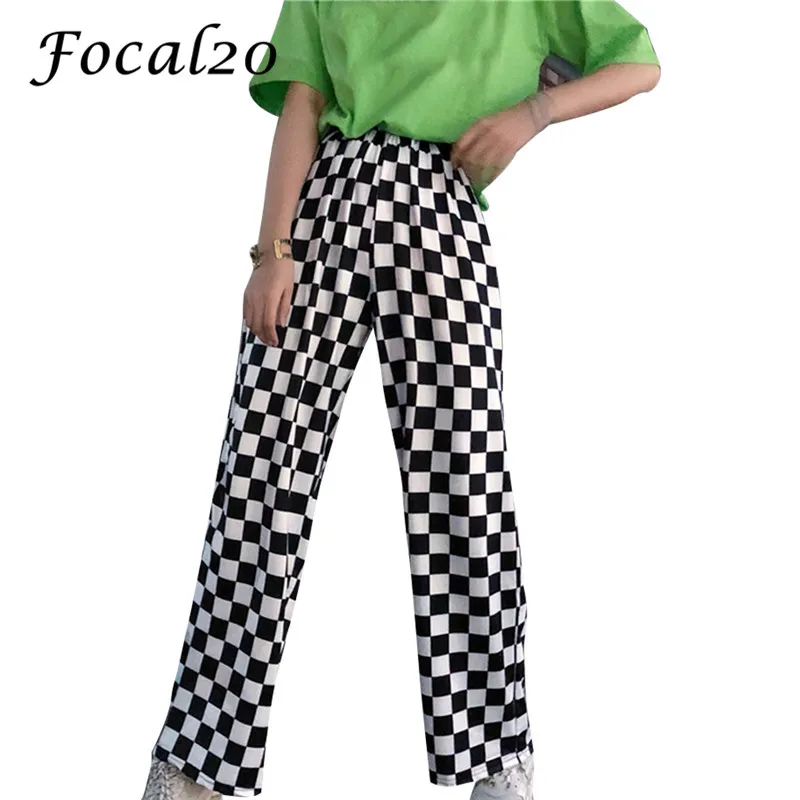 Focal20 Streetwear Plaid Women Pants Elastic Waist Full Length Checkered Black and White Casual Loose Straight Trousers