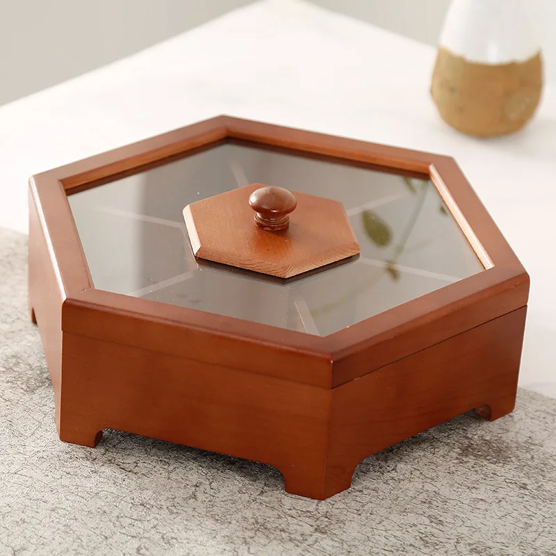 

Pine wood sandal wood family hotel party candy retro Tabletop snack fruit melon wooden storage solid elegant hexagon Jewelry box
