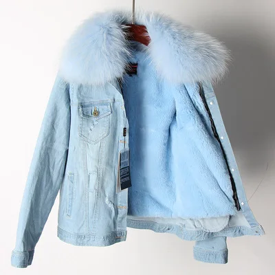 sky blue Новая джинсовая Меховая куртка для женщин, воротник из натурального меха енота, Экологически чистая подкладка для зимнего пальто, женские парки, джинсовые пальто - Цвет: sky blue