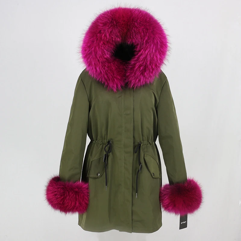 green rose red OFTBUY, пальто с натуральным мехом, зимняя куртка, Женская длинная парка, воротник из натурального меха енота, капюшон, Толстая теплая водонепроницаемая верхняя одежда, съемная - Цвет: green rose red