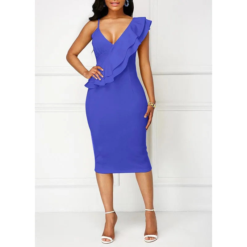 2018 Спагетти ремень Bodycon платье Для женщин Модный пуловер оборками Кепки рукавом