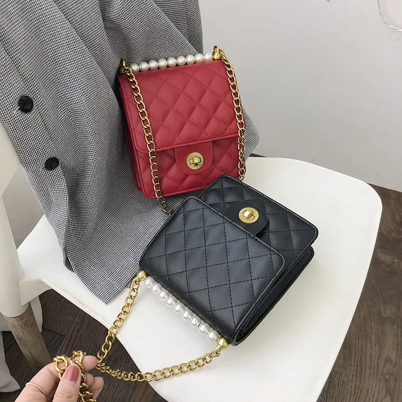 Женская сумка на цепочке новинка 2019 сетчатая красная маленькая жемчужная