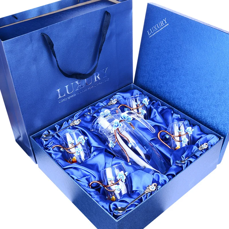 set with gift box Цветной эмалированный стеклянный чайник, европейский стиль, кофейная чашка, наборы, бытовой цветочный чай, чашка для сока, чайник, подарочная коробка - Цвет: set with gift box