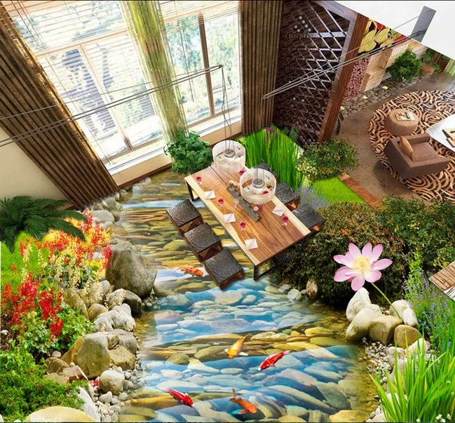 

3 d pvc flooring custom wall sticker 3 d Hd streams goldfish lotus 3d bathroom flooring paintings photo 3d wall murals wallpaper