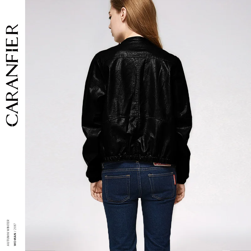 CARANFIER кожаная куртка Женская бейсбольная Локомотив из полиуретана пальто Мода 2017