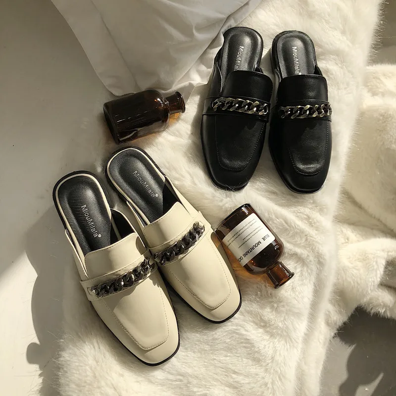 

Spring and Autumn Low-heeled Chain Square Head and Slippers Women's Outdoor Square and Half Slippers Holiday Muller Size 35-41