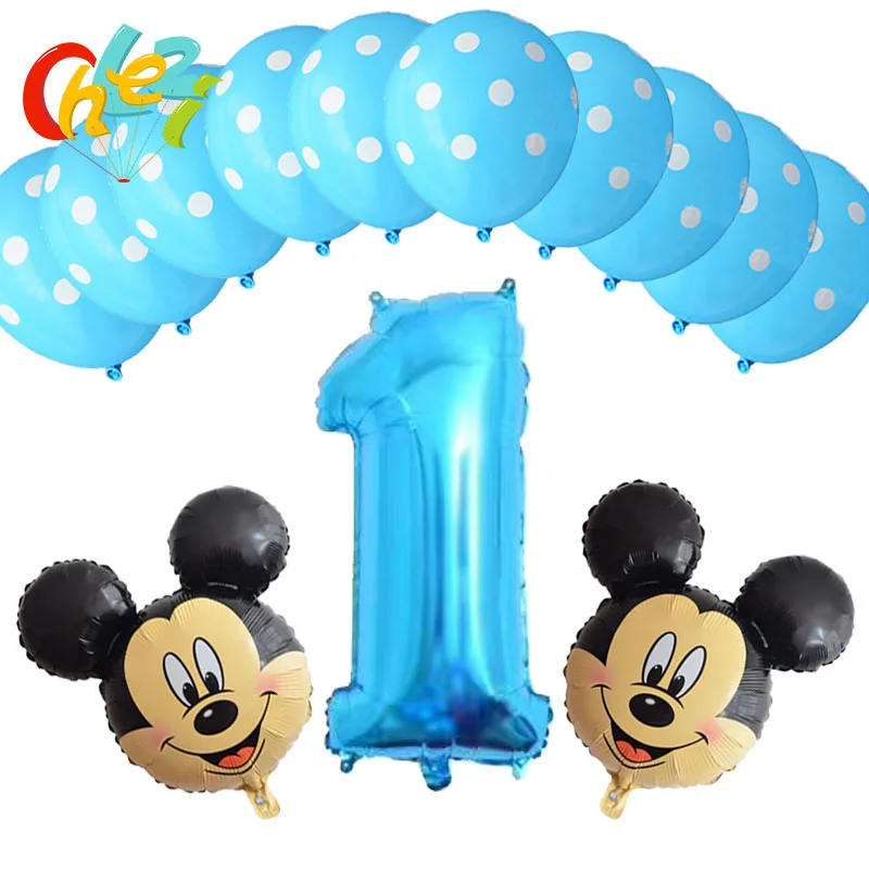 Mickeys head 001 13 шт., вечерние шары на день рождения, с цифрой 1, 2, 3 года, с Микки Маусом, синие, черные, латексные гелиевые шары в горошек, детские игрушки, душ для маленьких мальчиков - Цвет: Mickeys head 001