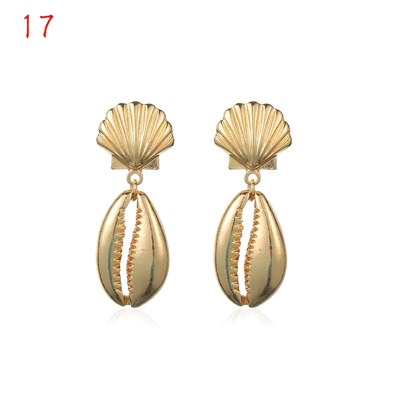 17 1Pair Summer Retro Fashion Shell Earrings Women Gold Color Geometric Irregular Starfish Conch Statement Jewelry Accessories - Окраска металла: 17