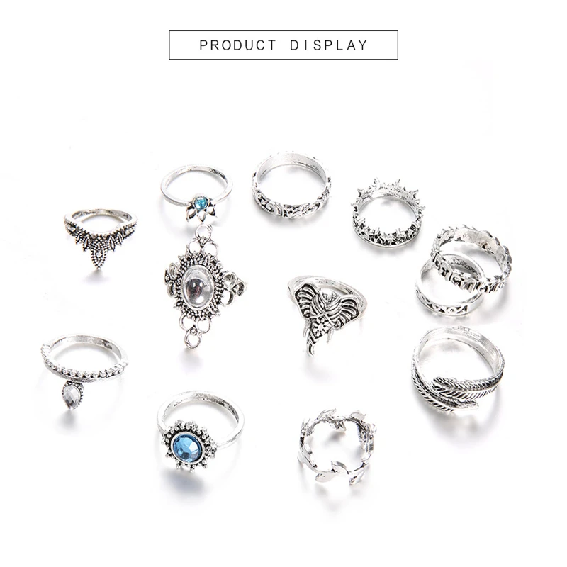 В богемном стиле с цветочным принтом набор колец Ретро старинное серебро
