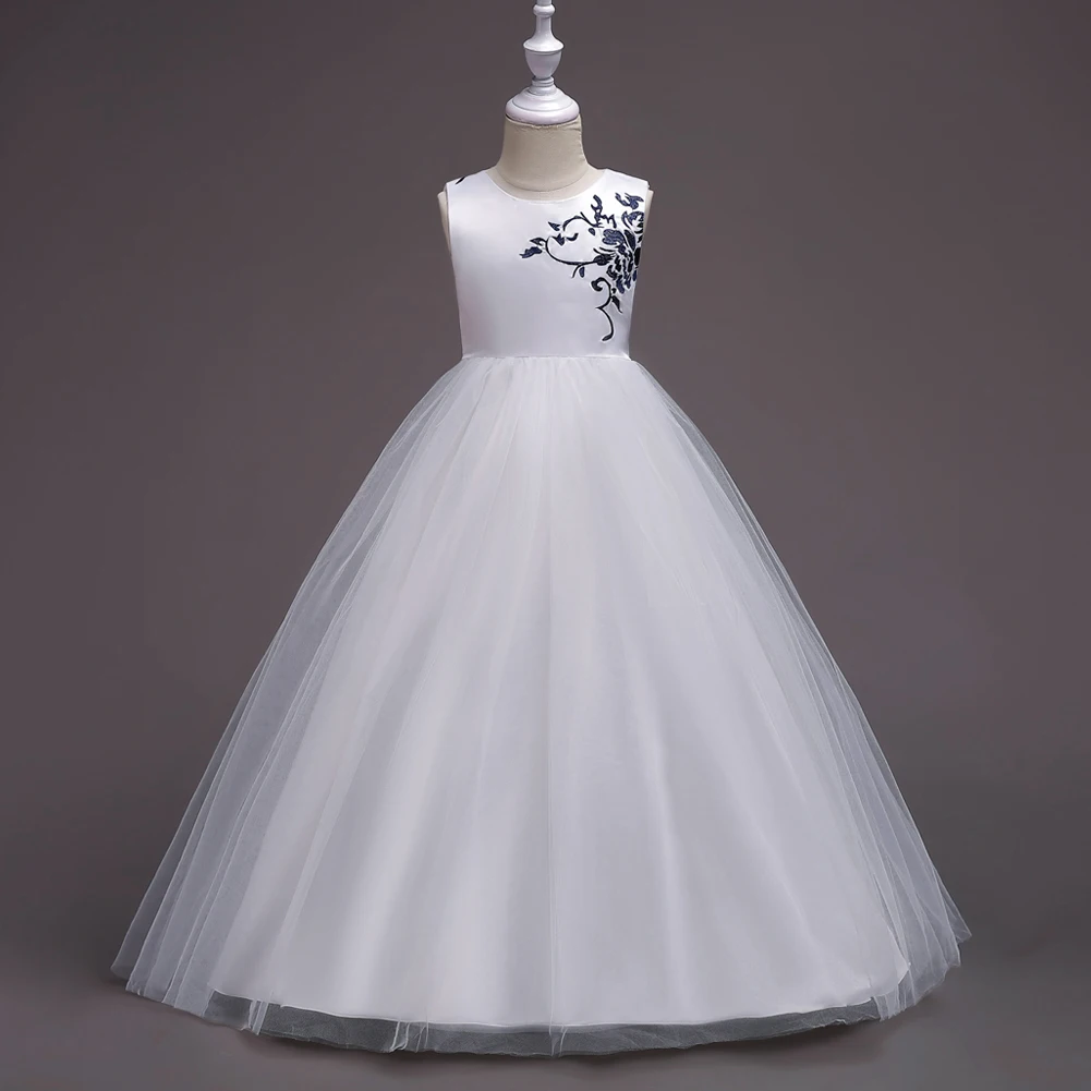New Arrival 2019 Mint Green Light Blue Lavender White Embroidery Flowers Princess Long Dress Eveving Party for Wedding Girls | Детская