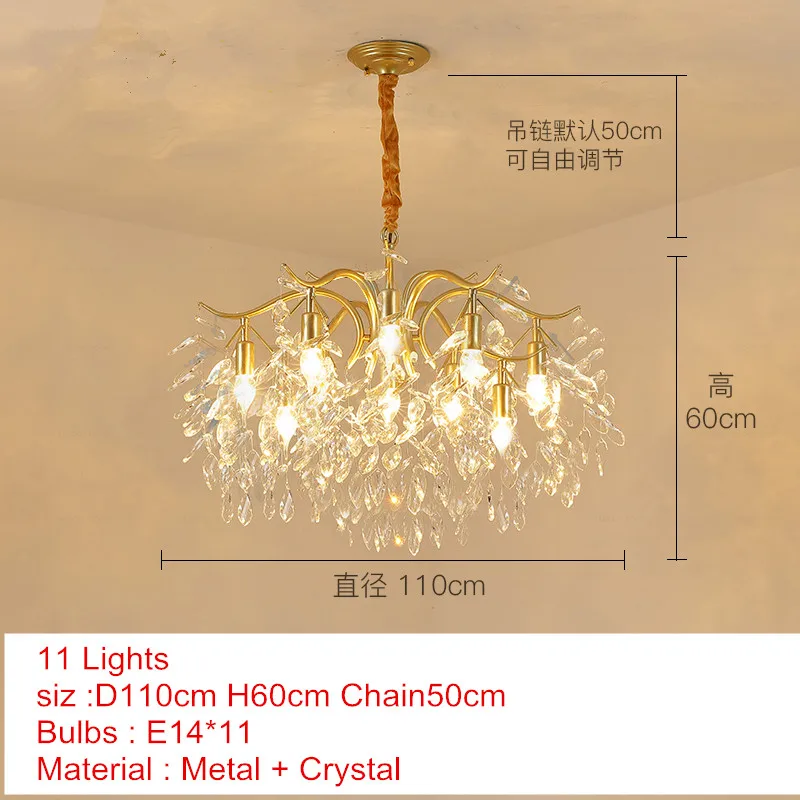 11 lights Американская классическая хрустальная люстра, роскошные золотые люстры, подвесная светодиодная люстра, кухонная осветительная арматура для бара отеля - Цвет абажура: 11 lights