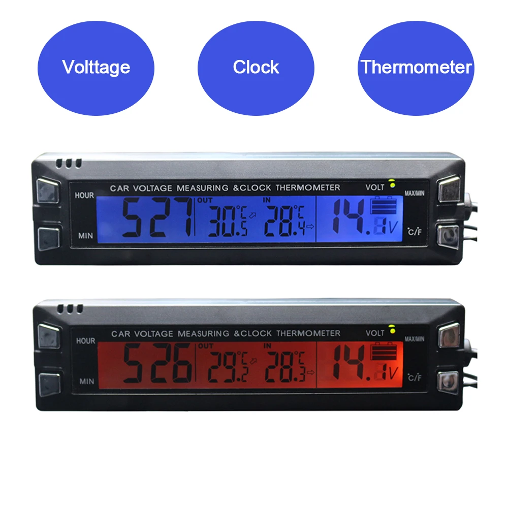 3 in 1 Car Digital Auto Thermometer Voltmeter Clock Volt Temperature Monitor 12V Outdoor Indoor LCD Orange/Blue Backlight