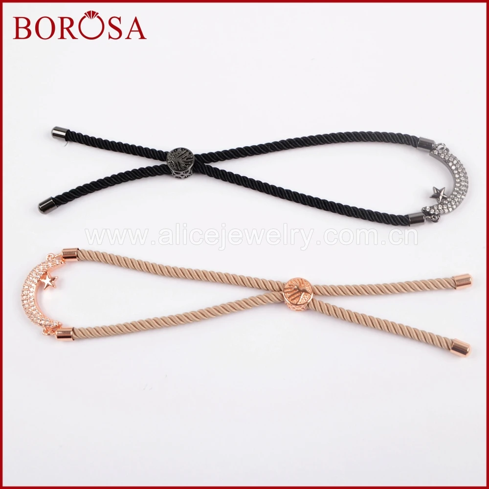 Borosa Micro Pave CZ Белый циркон звезды и луна Spacer разъем хлопчатобумажной веревки