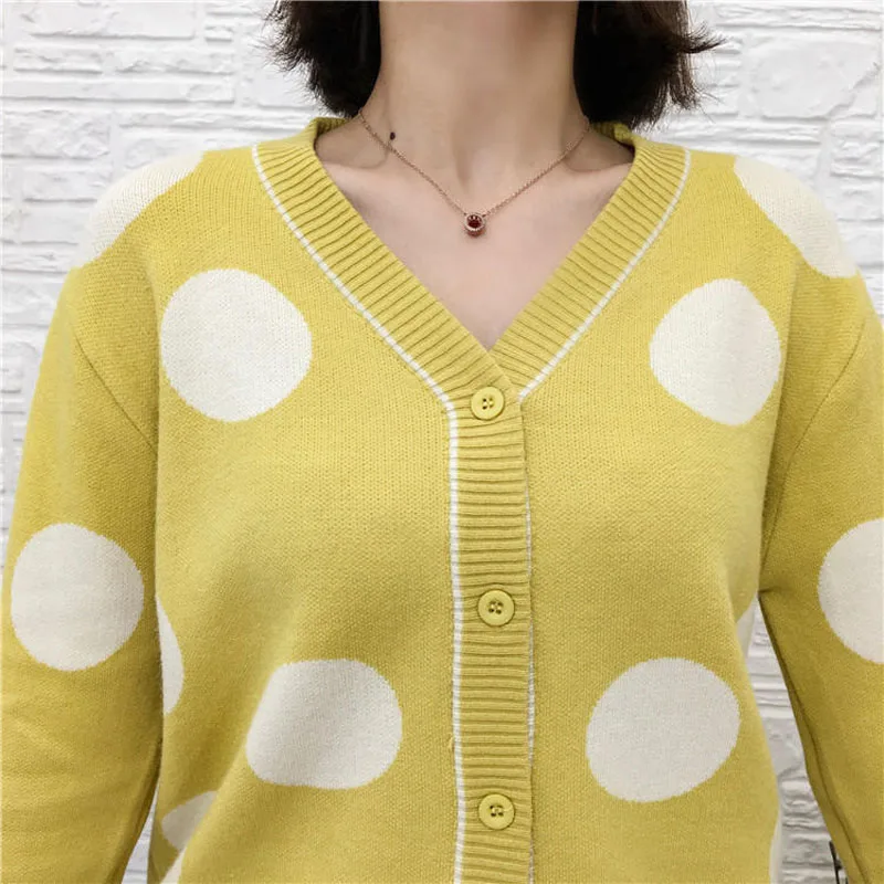 PERHAPS U women knit green gray long sleeve cardigan mid calf pencil midi skirt polka dot two pieces set elegant T0134 | Женская одежда