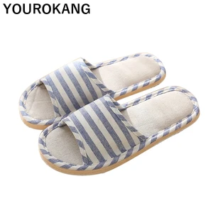 Женские домашние тапочки на весну и осень, льняные шлепанцы, полосатые комнатные тапочки, женские тапочки льняные модные пляжные тапочки унисекс для пар