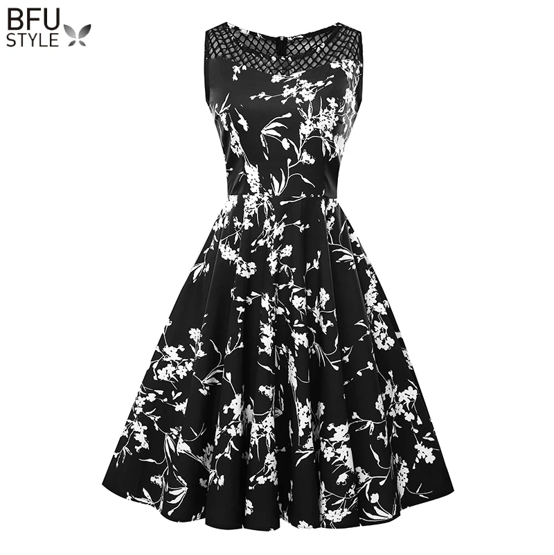 Womens Summer Floral Dress Vintage O Neck Slim Sexy 50s 60s Rockabilly Vestidos Party Black Retro Swing Robe Femme Ete 2020 | Женская