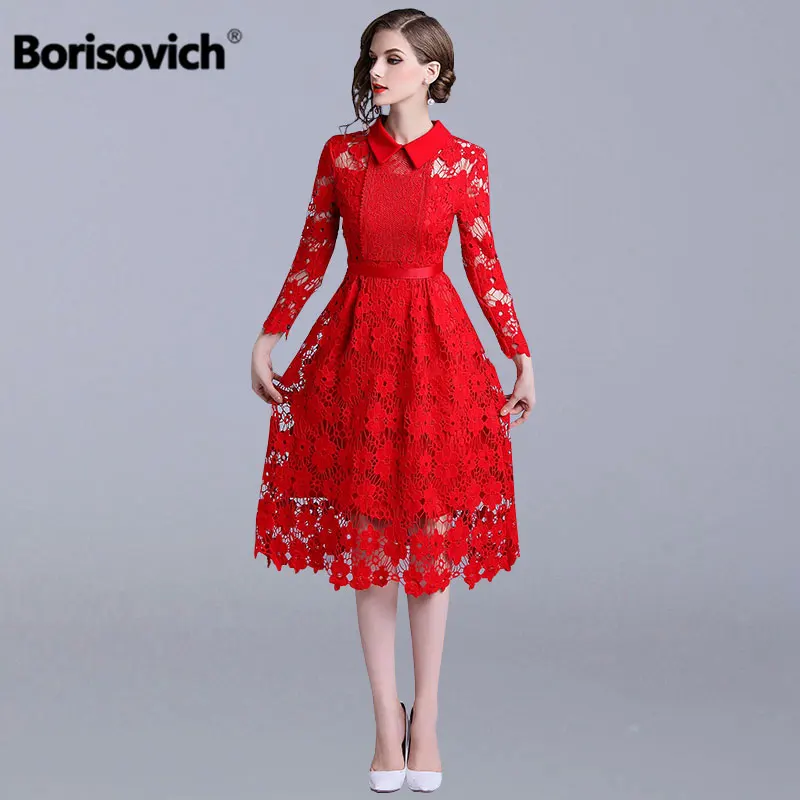 Borisovich женское Элегантное Длинное платье бренд осеннее модное милое стильное открытое красное кружевное женское вечернее платье N087