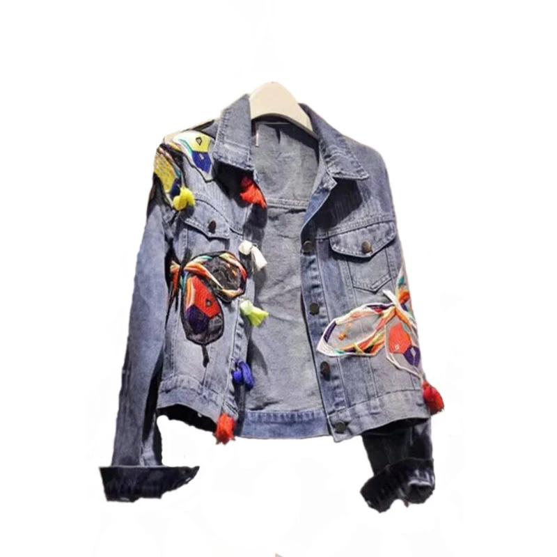 Женская Повседневная джинсовая куртка винтажная Базовая размера плюс с вышивкой