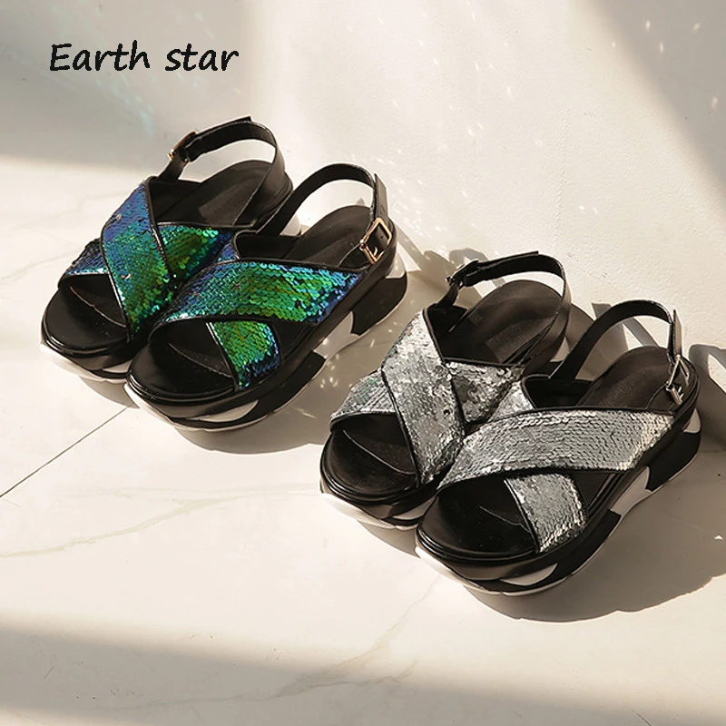 Блестящие туфли Женские летние сандалии на платформе chaussures femme Женская обувь