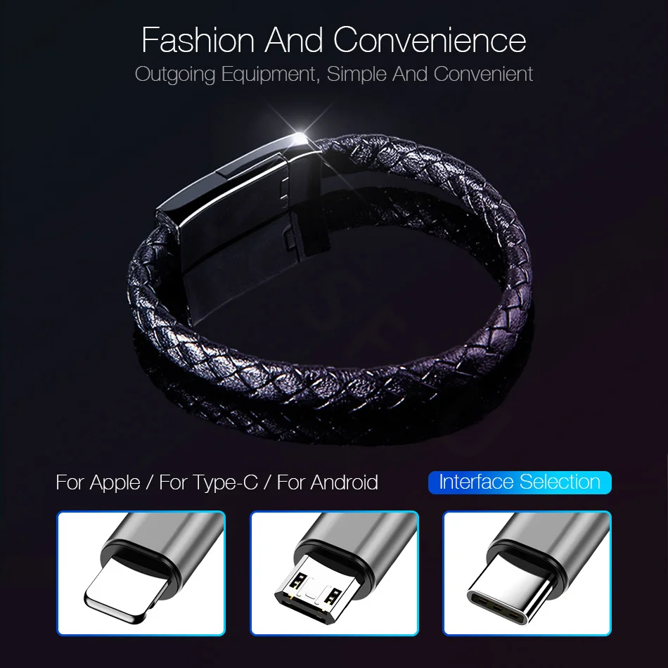 Mini Micro USB Bracelet Charger Data Charging Cable Outdoor Portable Leather Sync Cord For iPhone6 6s Android Type-C Phone Cable