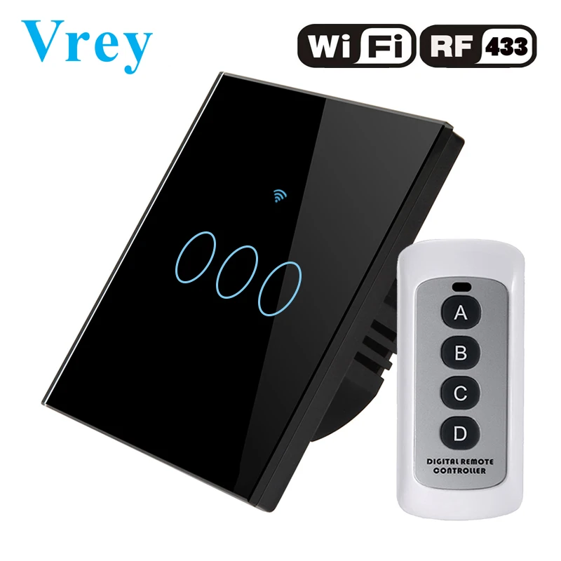 Сенсорный выключатель Vrey, умный светильник, настенный выключатель, wifi светильник, стандарт ЕС, работает с Alexa Google Home, 1way 3 банды - Цвет: VR-WIFI-03D Black