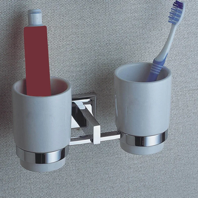 Double Cup Holder Аксессуары для ванной комнаты хромированный одиночный держатель для полотенец держатель для туалетной бумаги держатель для душа мыльница щетка насоса держатель стеклянная полка - Цвет: Double Cup Holder