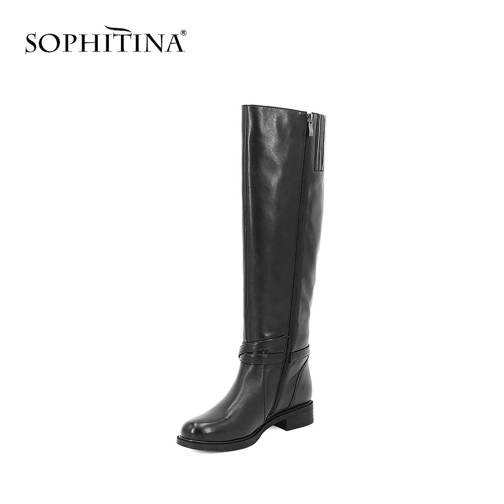 SOPHITINA/Сапоги до колена из коровьей кожи; женская зимняя обувь на молнии с круглым носком на низком квадратном каблуке; модные ботинки с металлическими украшениями; B034