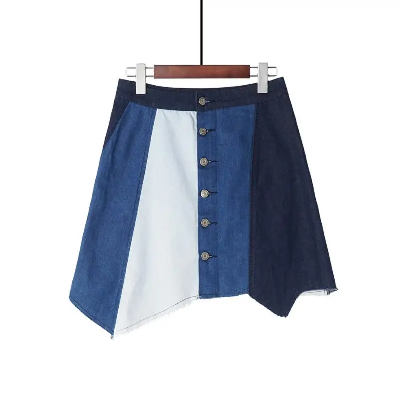 

2019 summer style high waist Denim skirt women irregular Contrast color Single-breasted jeans skirt plus size jupe femme w654