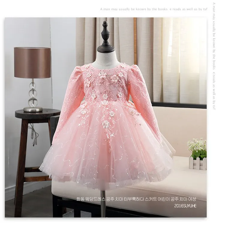 Top Quality Brand Girl Wedding Dress Lace Princess Party Sequin Tutu Infants Long-sleeve Bridesmaid Clothes | Детская одежда и