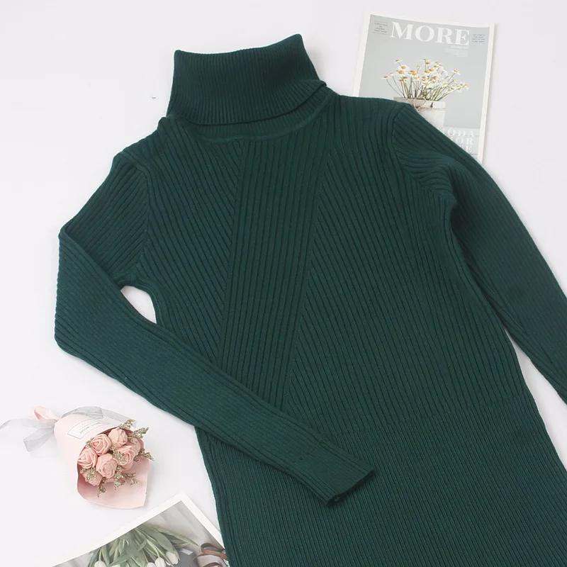 green 11789 ONLYSVTER, Осень-зима, женское платье-свитер с высоким воротом, модные платья в рубчик, длиной до колена, длинное, толстое, теплое женское платье - Цвет: green 11789
