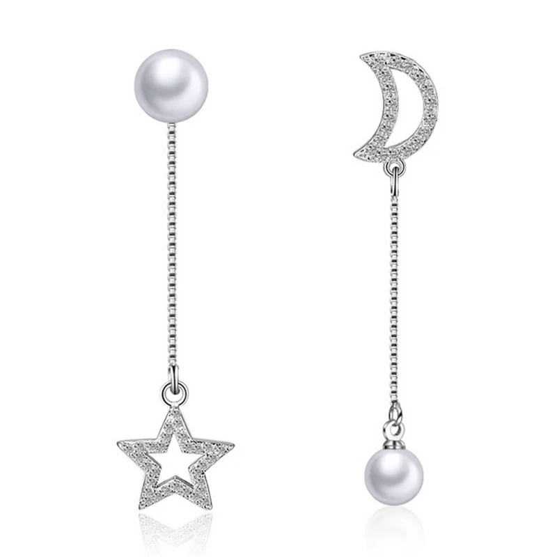 

Brand Bride Earrings Star Moon Fashion Jewelry Pearl CZ Crystal Long Earrings For Women Wedding Party Brincos