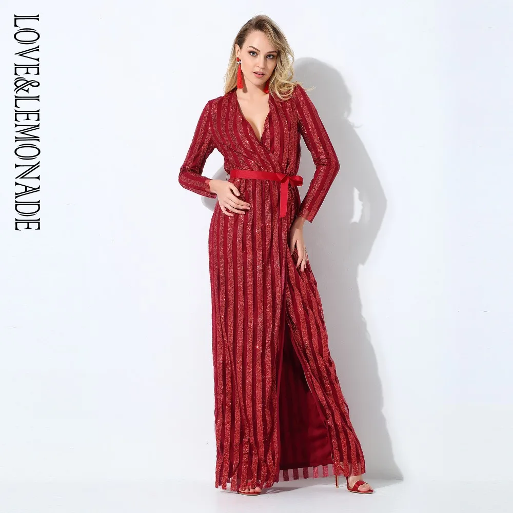 Длинные платья LOVE & LEMONADE красное вино с треугольным вырезом и крестиком LM6546|maxi