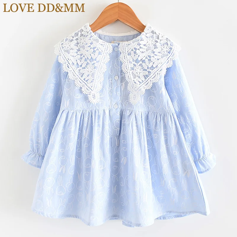 Платья для девочек с надписью LOVE DD& MM, Новая Осенняя детская одежда, милое ажурное кружевное платье с длинными рукавами и большим отворотом для девочек