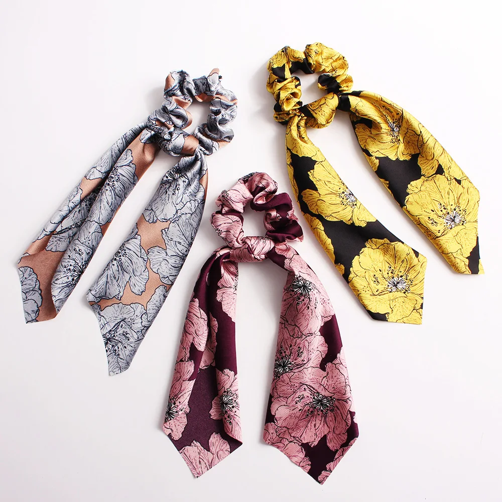 Новые Длинные ленты Scrunchie стрейч повязка цветочный Scrunchies Для женщин резинки для