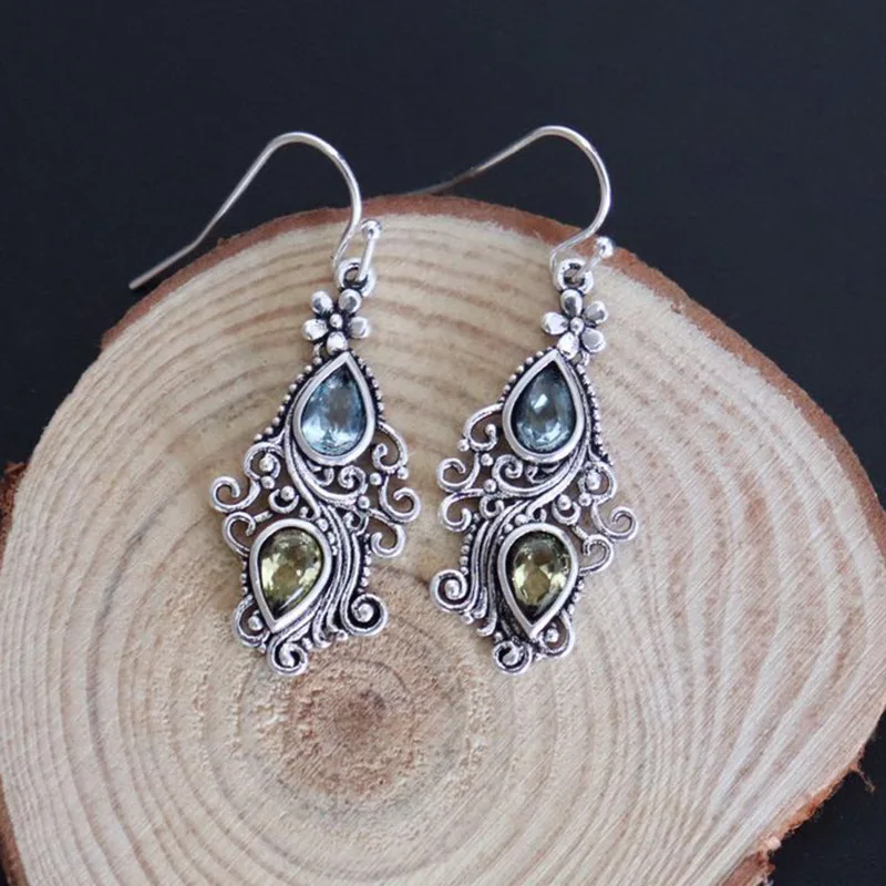 Женские Висячие серьги в стиле ретро с цветком желто-голубыми кристаллами