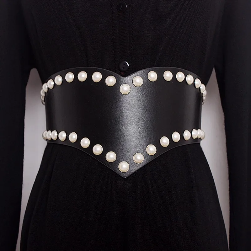 Pearl Belt TWOTWINSTYLE Жемчуг ремень женские Нерегулярные выдалбливают Высокая талия черные широкие ремни Женские Лето Осень Винтаж новые аксессуары - Цвет: Pearl Belt
